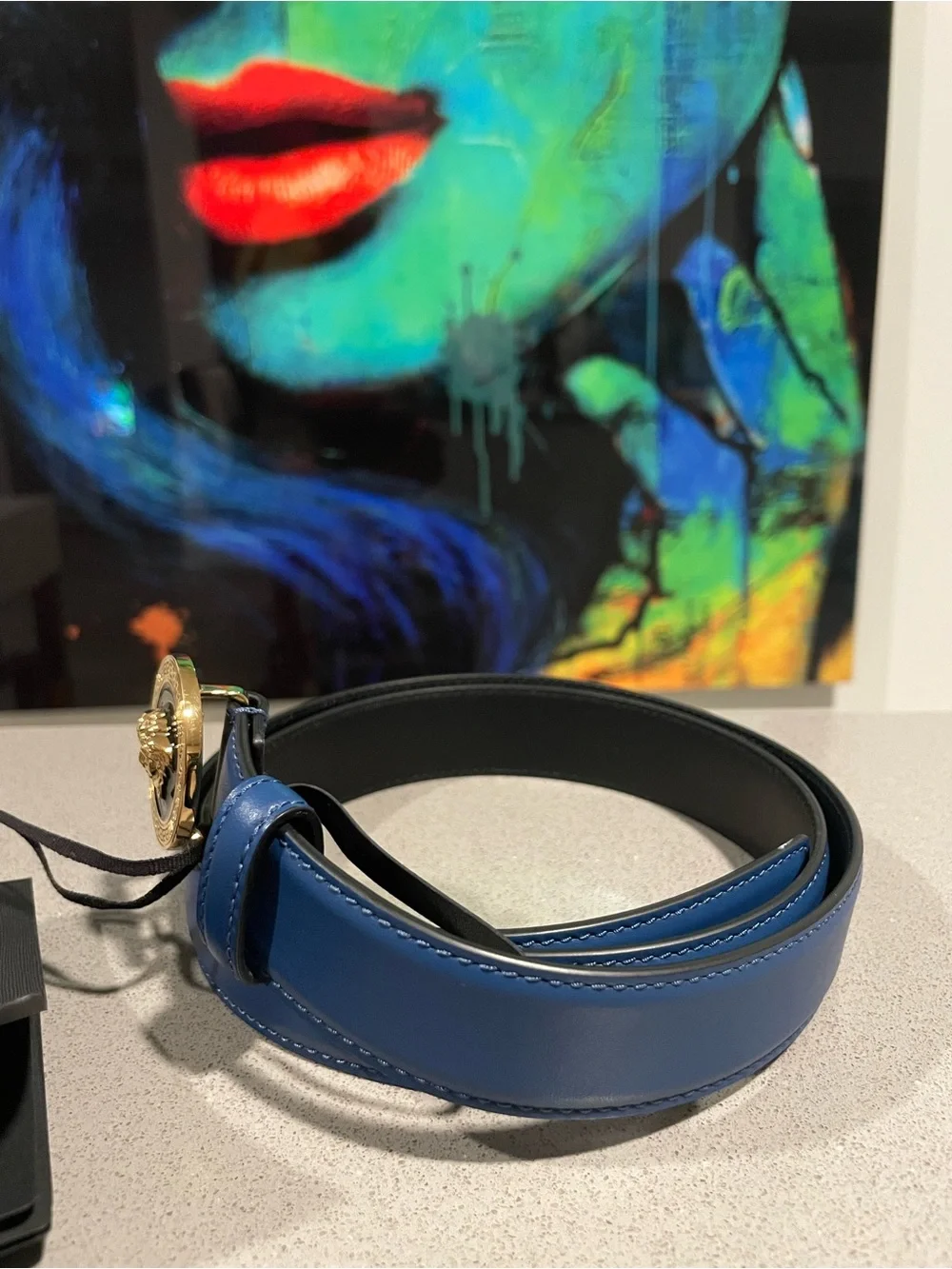 Versace Blue Leather Belt with Gold Medusa Buckle  SZ 110/44